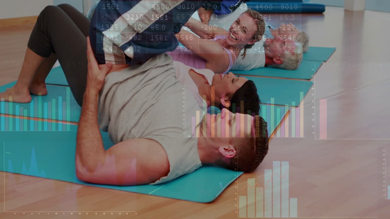 Instructor cue front man lifting hips raising legs toning core blue mats charts overlaying fitness