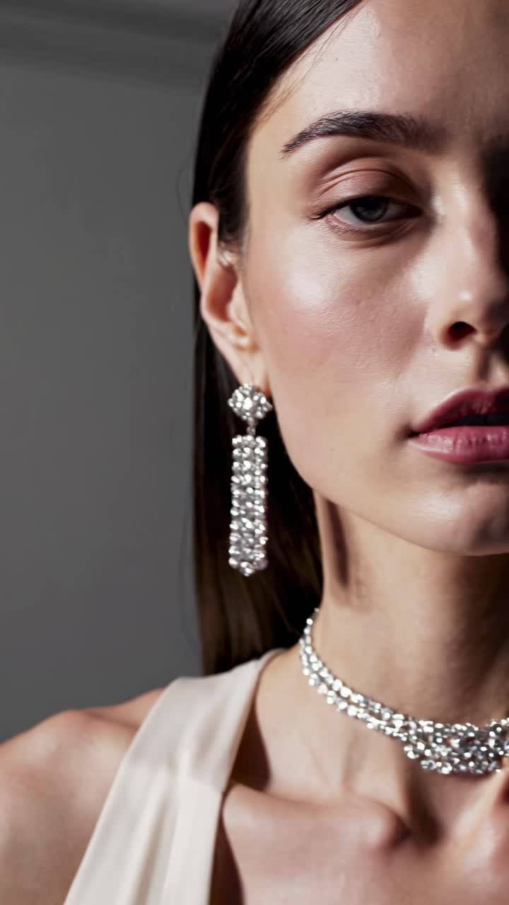 Close-up, side-angle shot of a woman wearing elegant jewelry, highlighting a sparkling earring