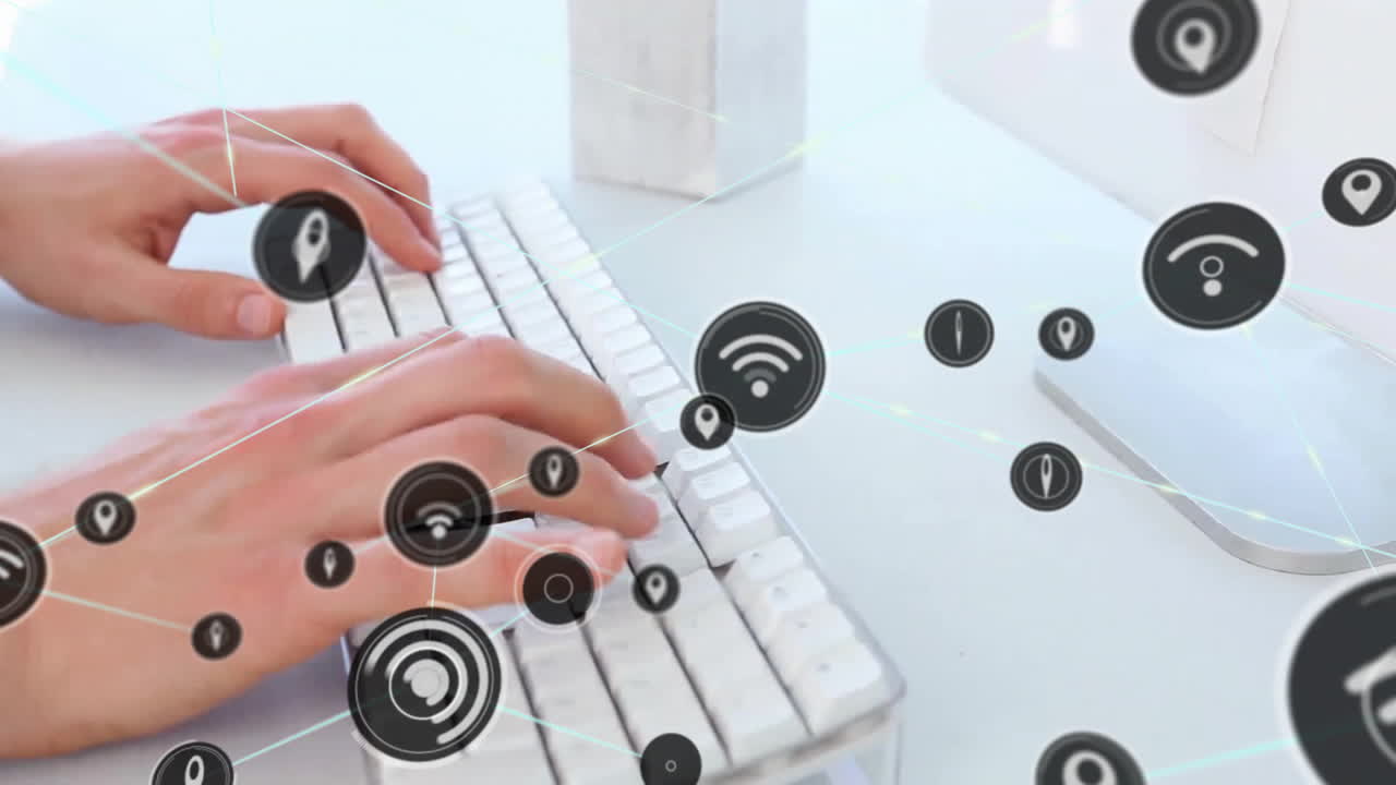 Animation af netværk af forbindelser med Wi-Fi-ikoner over kaukasisk forretningskvinde, der bruger tastatur