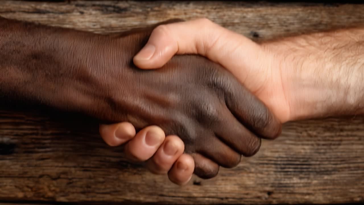 A Powerful Symbol of Unity and Respect: A Close-Up of Diverse Hands Shaking in a Gesture of Friendship and Solidarity Against a Rustic Background
