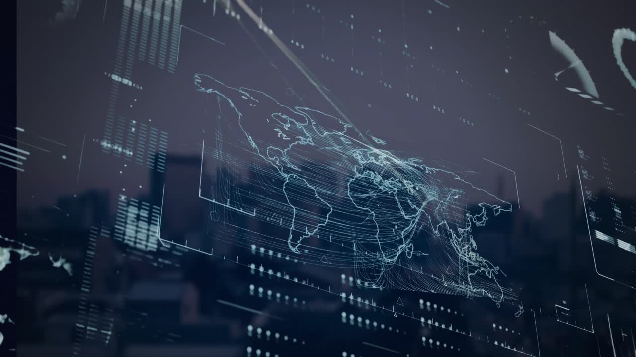 높은 건물의 공중 전망에 대한 데이터 처리와의 인터페이스의 애니메이션