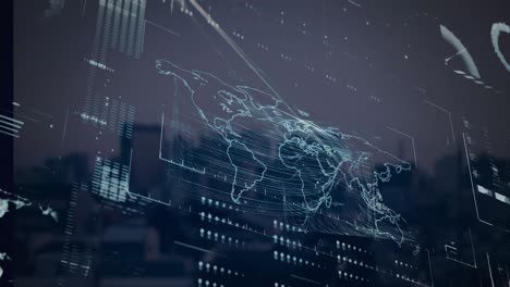 animation of interface with data processing against aerial view of tall buildings