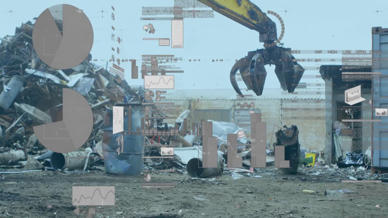 animación de la interfaz infográfica sobre la máquina de corte de chatarra que acumula chatarra de metal.