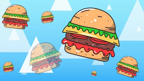 Animation-of-cheeseburgers-with-rising-white-triangles-on-blue-background