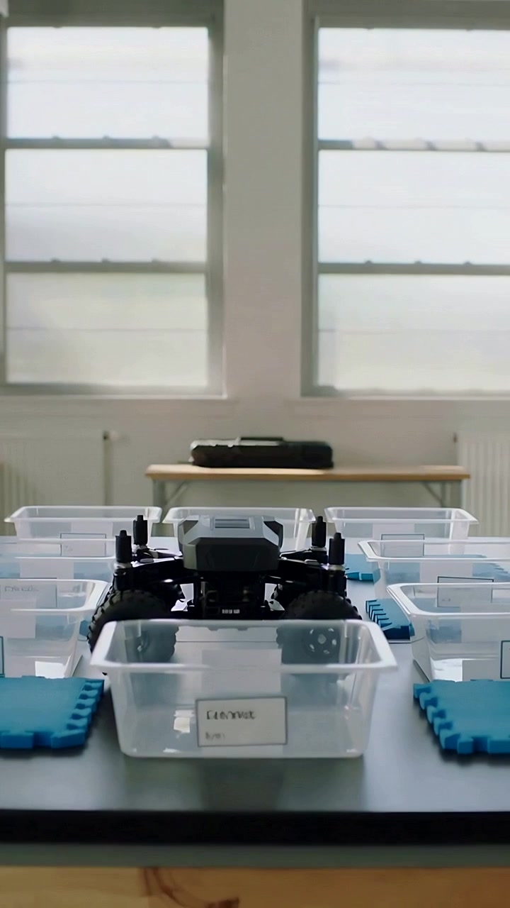 Vertical video: Walking boy in blue tee placing robot into bin in lab for storage as camera panning
