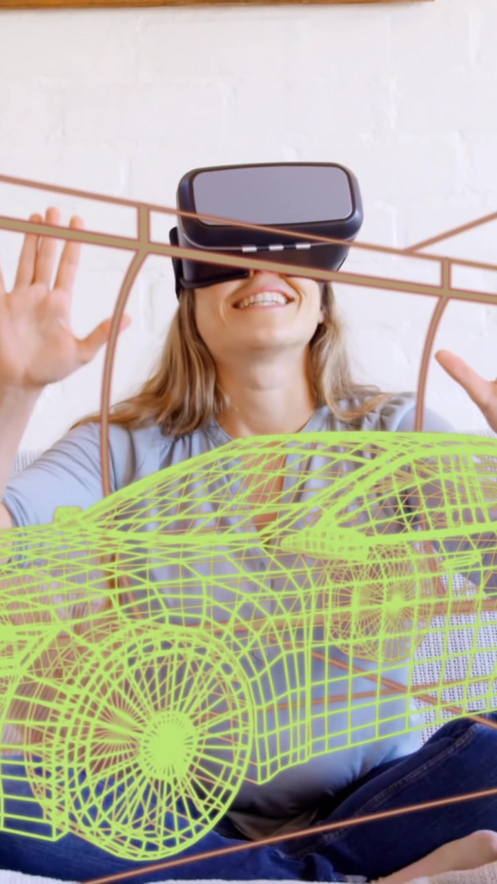Animação de desenho técnico 3D de carro sobre mulher em casa usando óculos VR