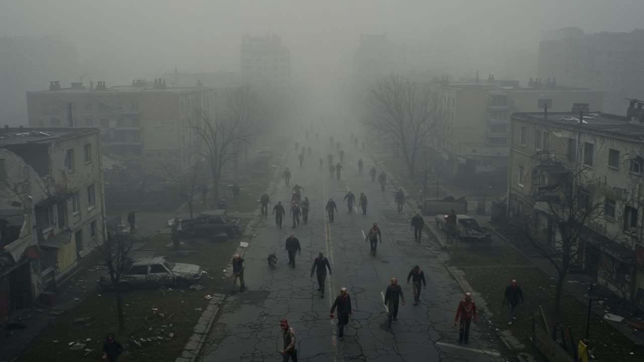 A desolate urban landscape shrouded in thick fog, populated by a horde of eerie figures moving aimlessly through the abandoned streets and derelict buildings