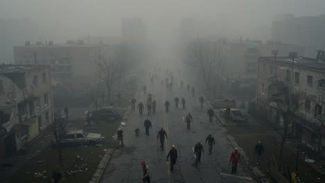 a desolate urban landscape shrouded in thick fog, populated by a horde of eerie figures moving aimlessly through the abandoned streets and derelict buildings