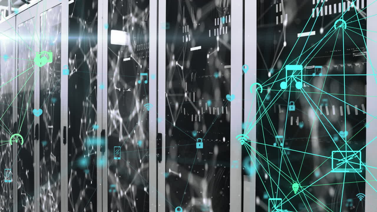 Animation of web of connection with social icons over screens showing graphs