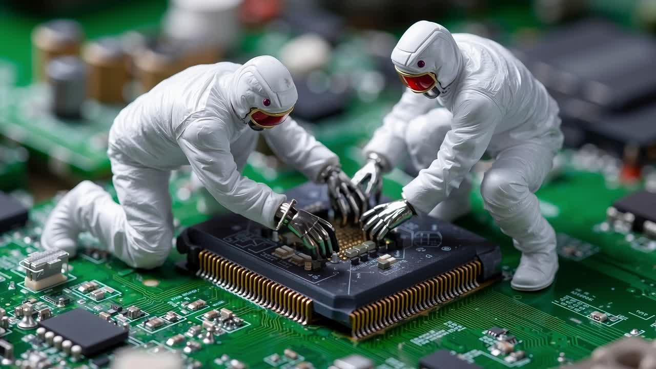 Two people in white suits working on a circuit board