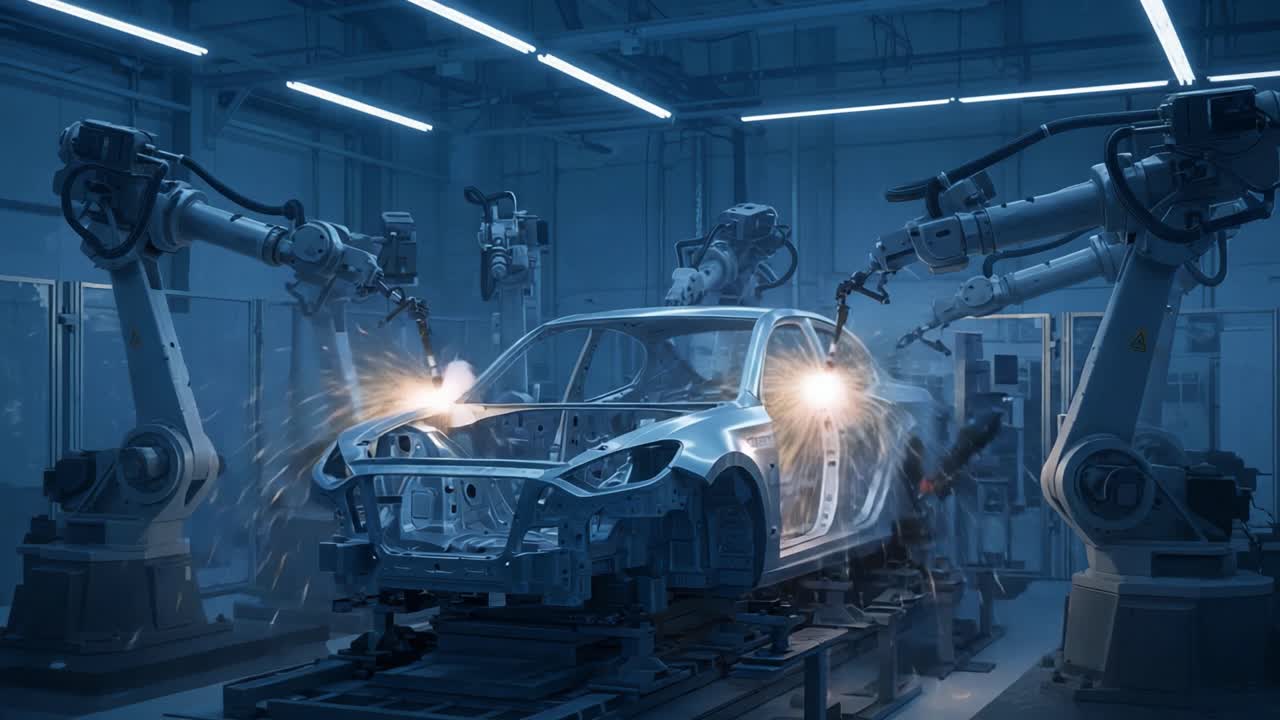 A Sophisticated Automotive Manufacturing Process Showcased with Robotic Arms and Sparking Welding in a High-Tech Factory Environment