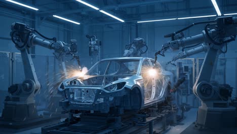 a sophisticated automotive manufacturing process showcased with robotic arms and sparking welding in a high-tech factory environment