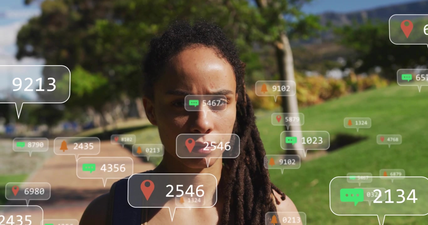 Female walking toward camera in park initiating AR tech bubbles showing counts pulsing then fading