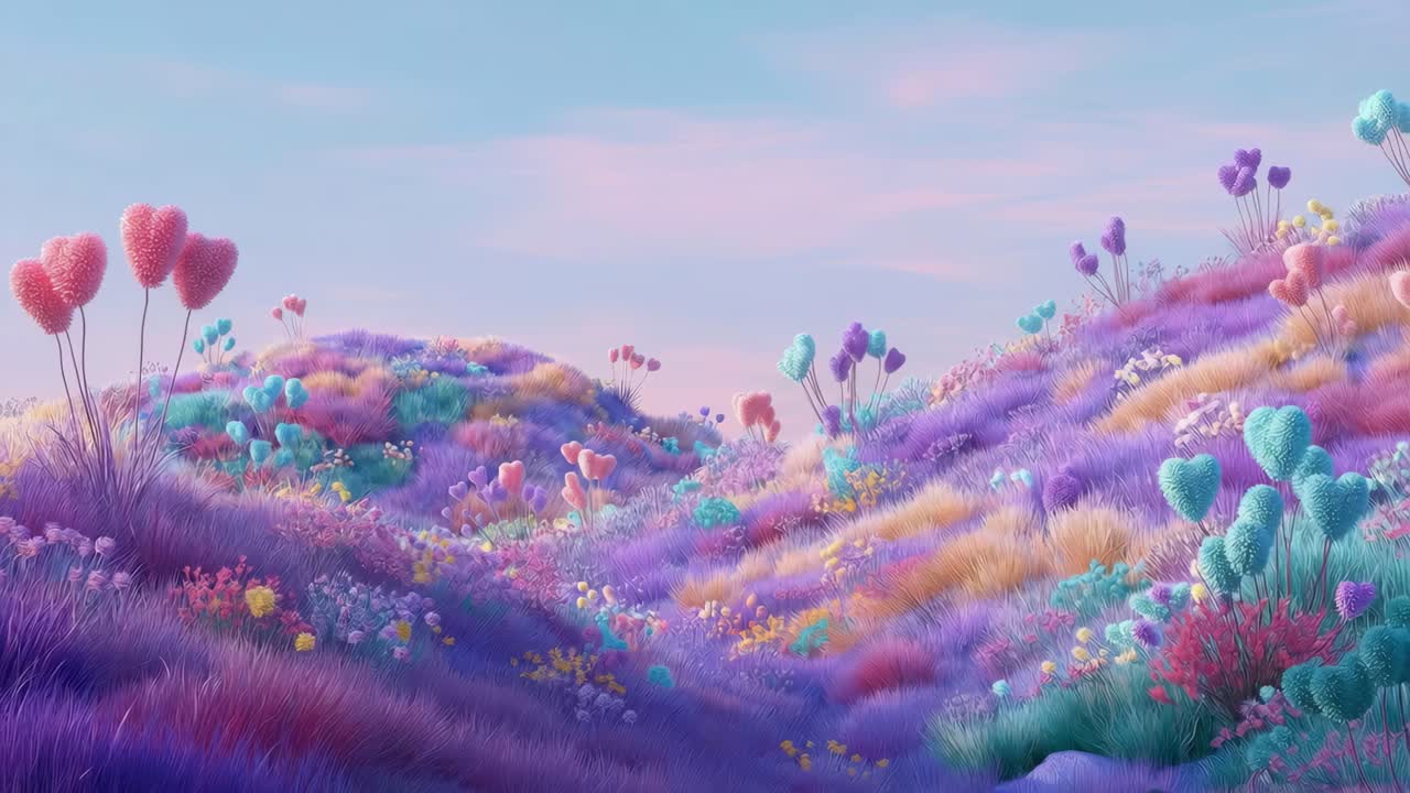 朝焼けに染まる、パステルカラーの花々と霧がかったなだらかな丘が広がる幻想的な風景