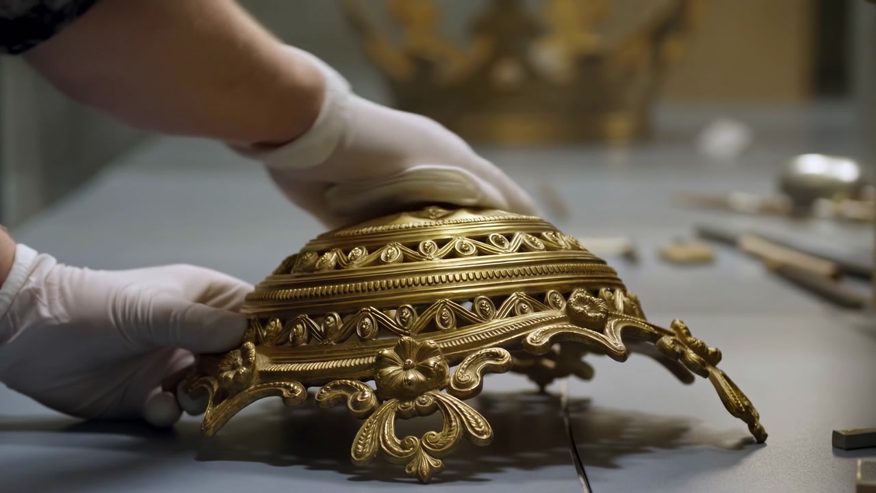 Una vista cercana muestra manos enguantadas de blanco moviendo un paño sobre una superficie dorada ricamente detallada, con curvas decorativas y texturas grabadas visibles en la mesa bajo una cálida iluminación interior