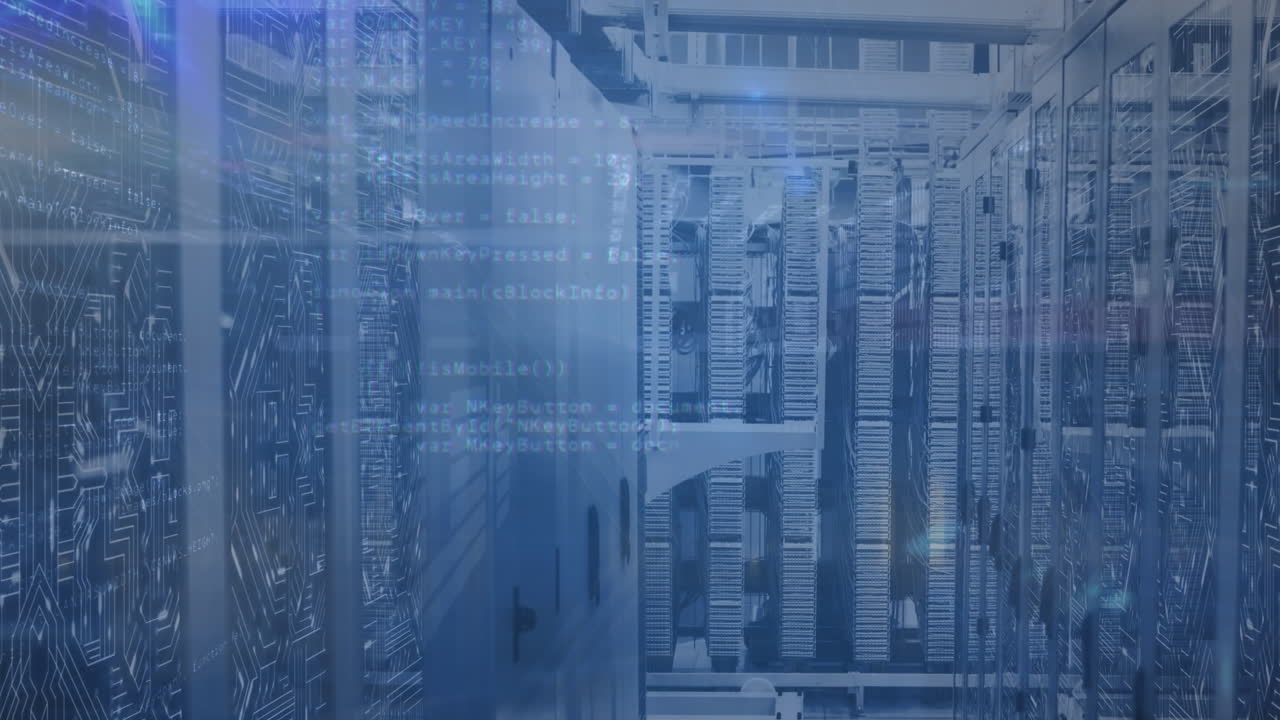 Animation of blue light trails and data processing against empty computer server room