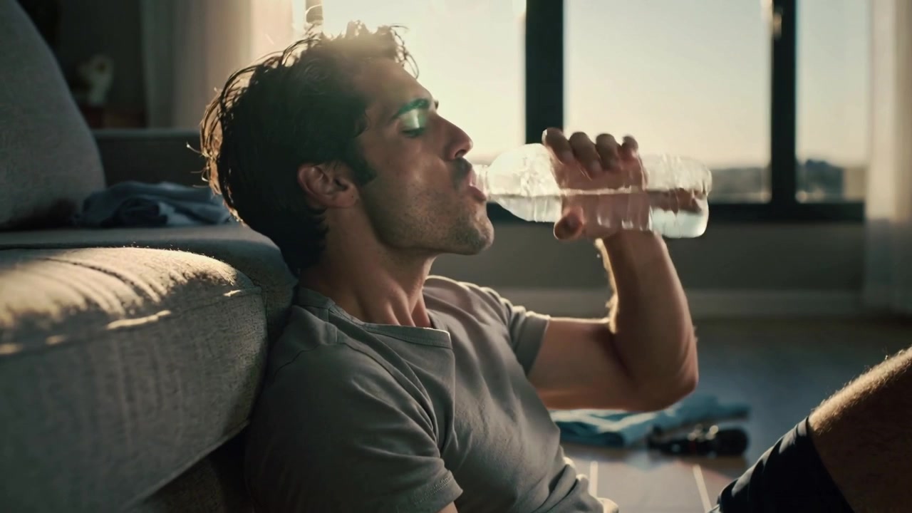 Drinking male in shorts sipping bottle in living room after workout near weights, pausing, smiling