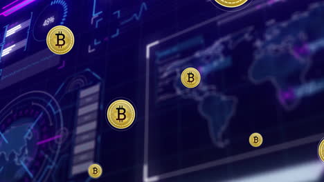 animación del procesamiento de datos y mapa del mundo sobre bitcoins