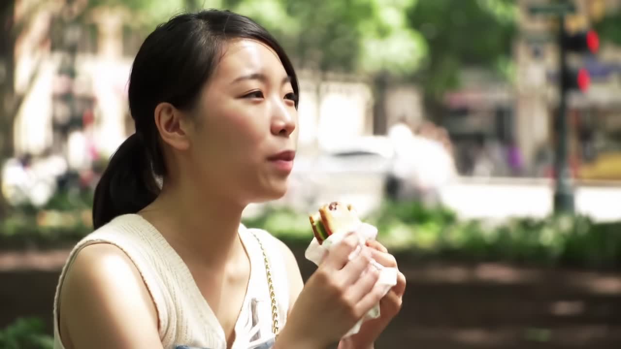 A Young Woman Enjoying a Delicious Snack in a Lively Urban Park Setting, Capturing a Moment of Joy and Relaxation Amidst Nature and City Life