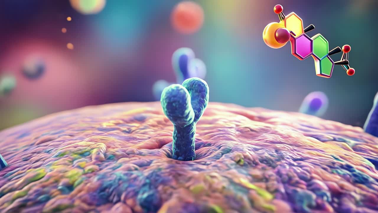 Hormonmolekyle binder sig til celleoverfladereceptor på membranen, der viser liganddocking og biokemisk signalering.