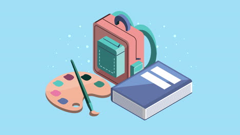 animación de estilo isométrico de bolso de escuela y paleta