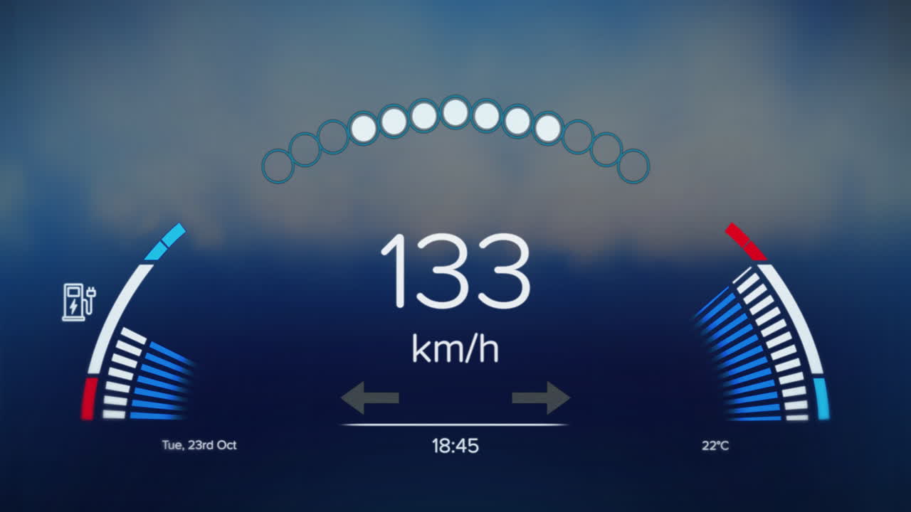 animación digital del velocímetro contra un fondo de gradiente azul.