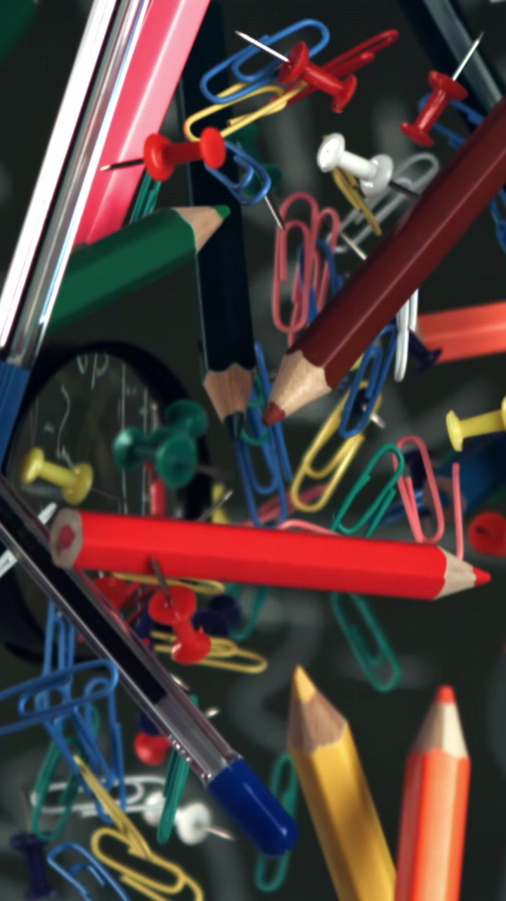 Colorful School and Office Supplies Floating in Slow Motion