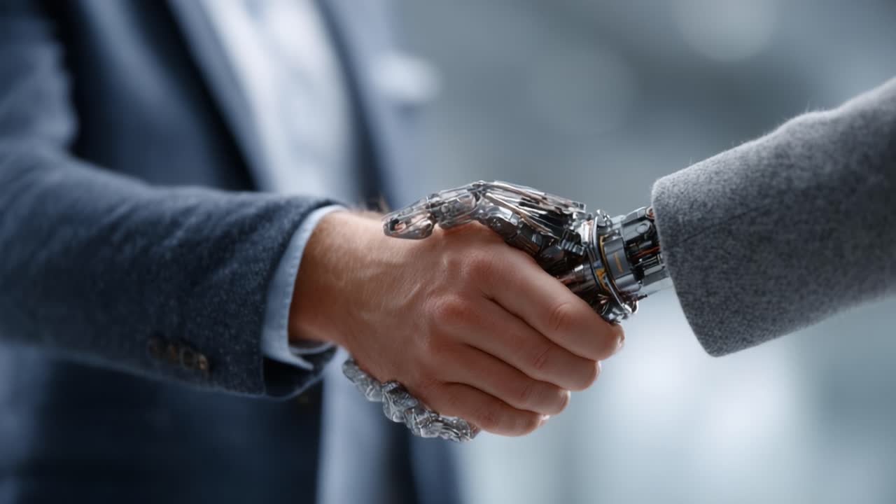 A Human and a Robot Engage in a Symbolic Handshake, Representing the Integration of Technology and Humanity in Modern Society