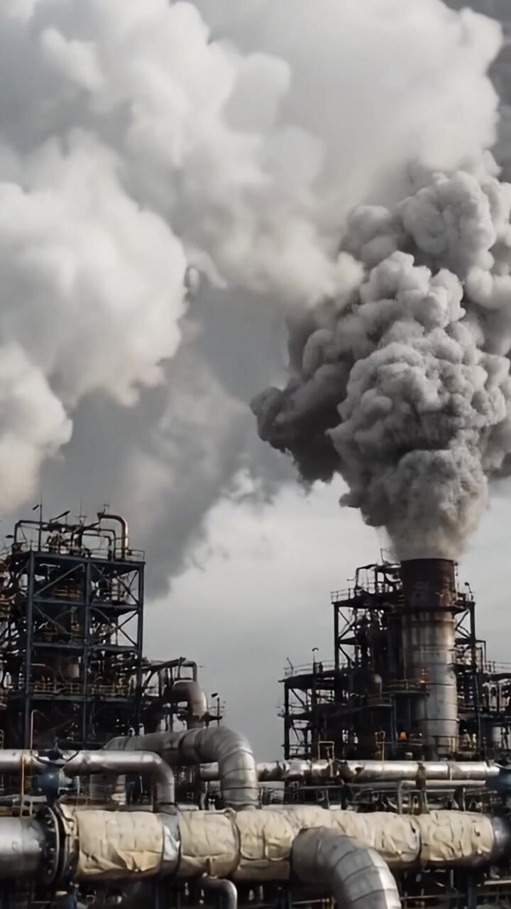 Aerial Views of Industrial Facilities Releasing Thick Smoke Plumes, Illustrating Environmental Challenges and the Impact of Industrial Processes on Air Quality