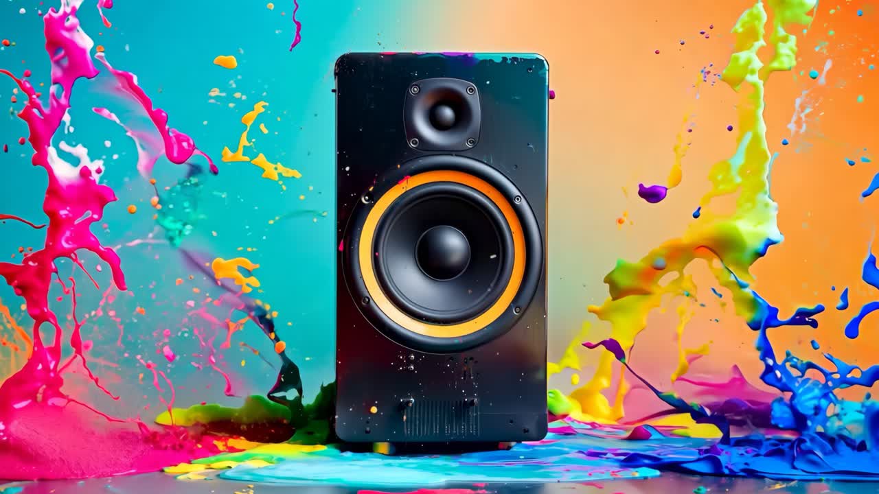 두 개의 스피커와 함께 다채로운 페인트가 어 나옵니다.
