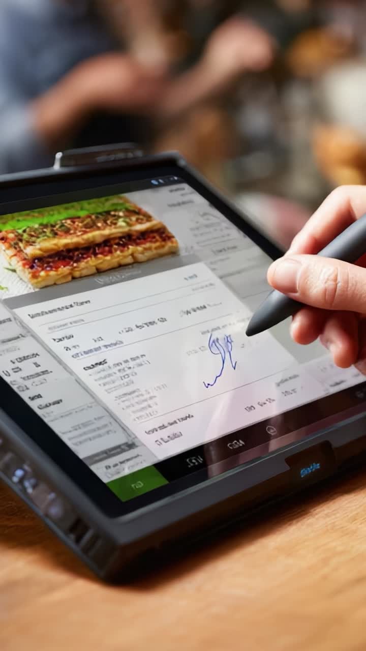 Engaging with a Digital Menu: A Hand Holding a Stylus to Explore Dishes and Make Selections on a Touchscreen Tablet in a Restaurant Setting