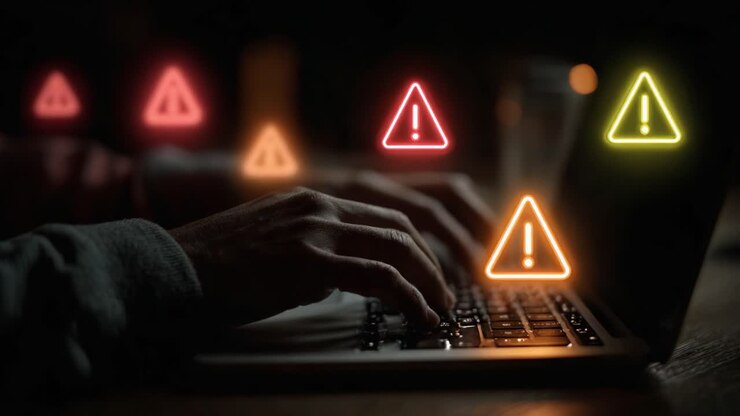 Primo piano di una persona che digita su un laptop circondata da simboli di avviso, che segnalano potenziali minacce o avvisi di sicurezza in un ambiente scarsamente illuminato