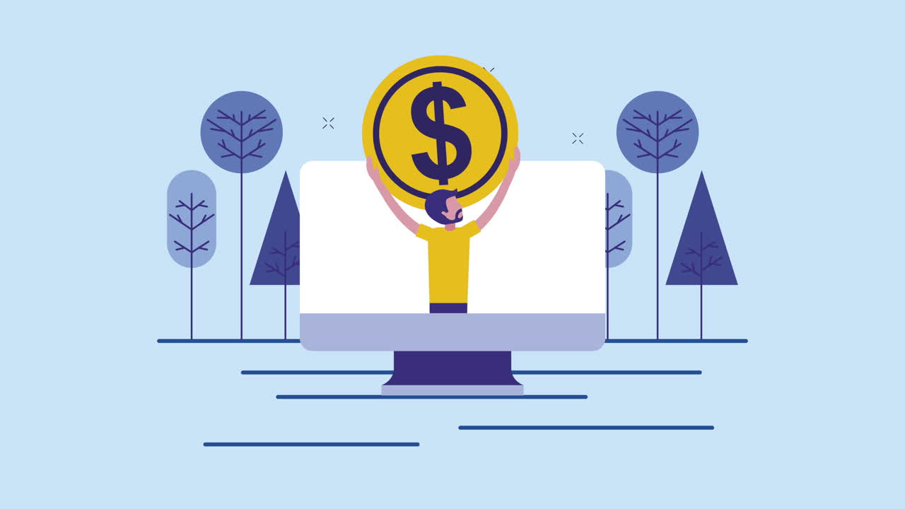 데스크 캐릭터 애니메이션으로 동전을 들어 올리는 젊은 사업가