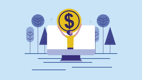 young businessman lifting coin with desktop character animation