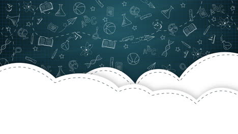 animated icons on the subject of education. white clouds with empty space for text. back to school in chalk doodle style on blackboard. looped.