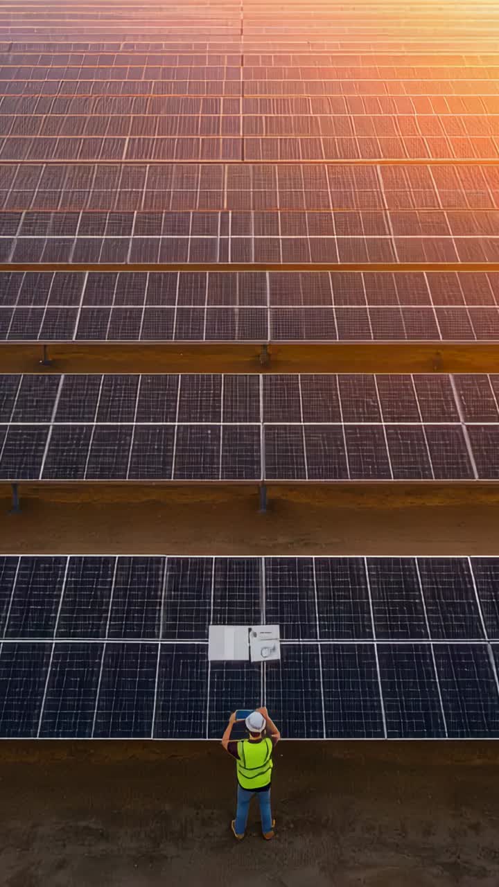 Vertical video: Sun glare causing tech raising board over panels at farm, junction box visible, PPE