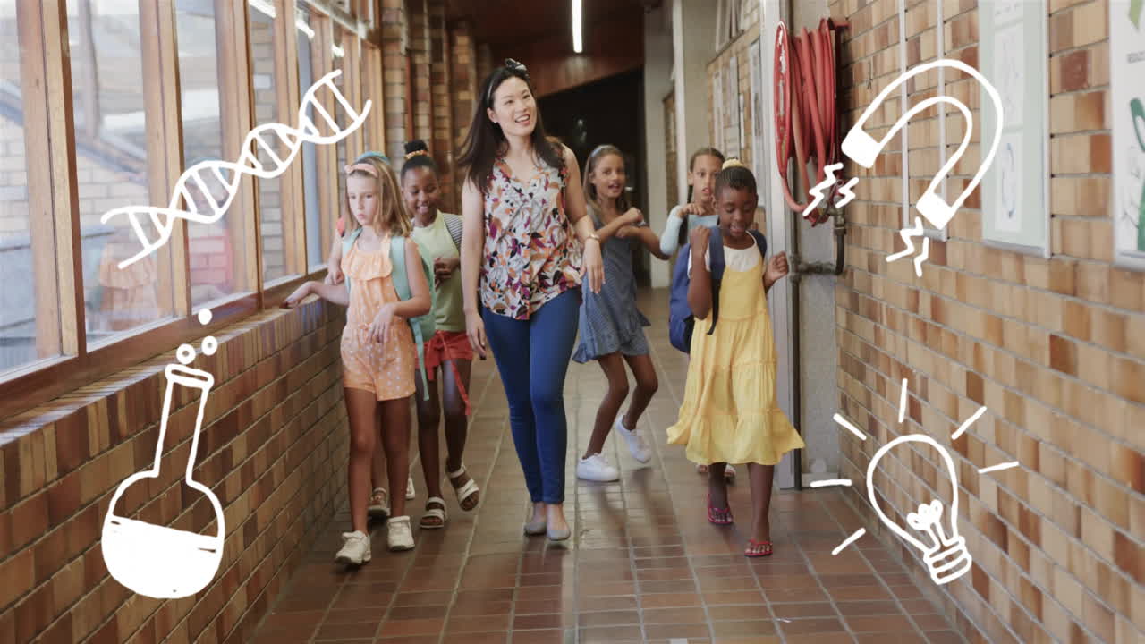 Walking in school hallway, children and teacher with science-themed animation