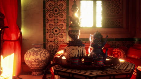 cozy moroccan interior with hookah and tea set