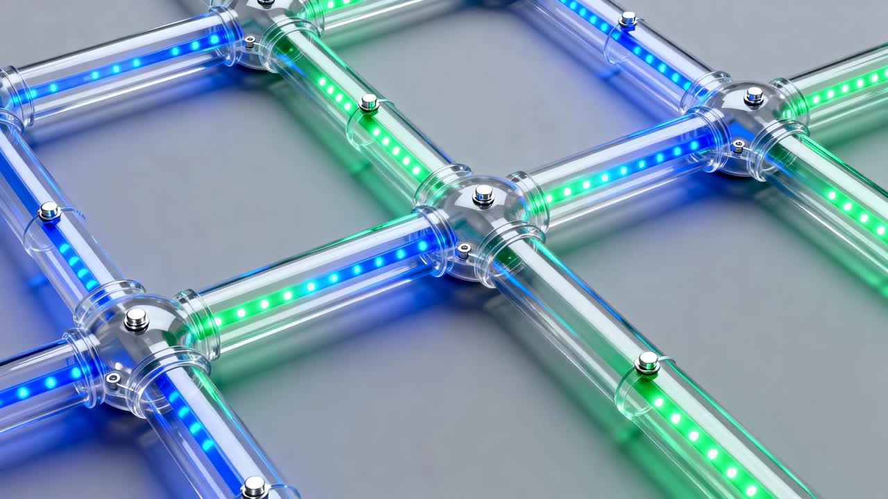 Pulserende klar LED-rørgitter, der reagerer på elektronik, glidende blåt-grønt lys hen over studiebordet