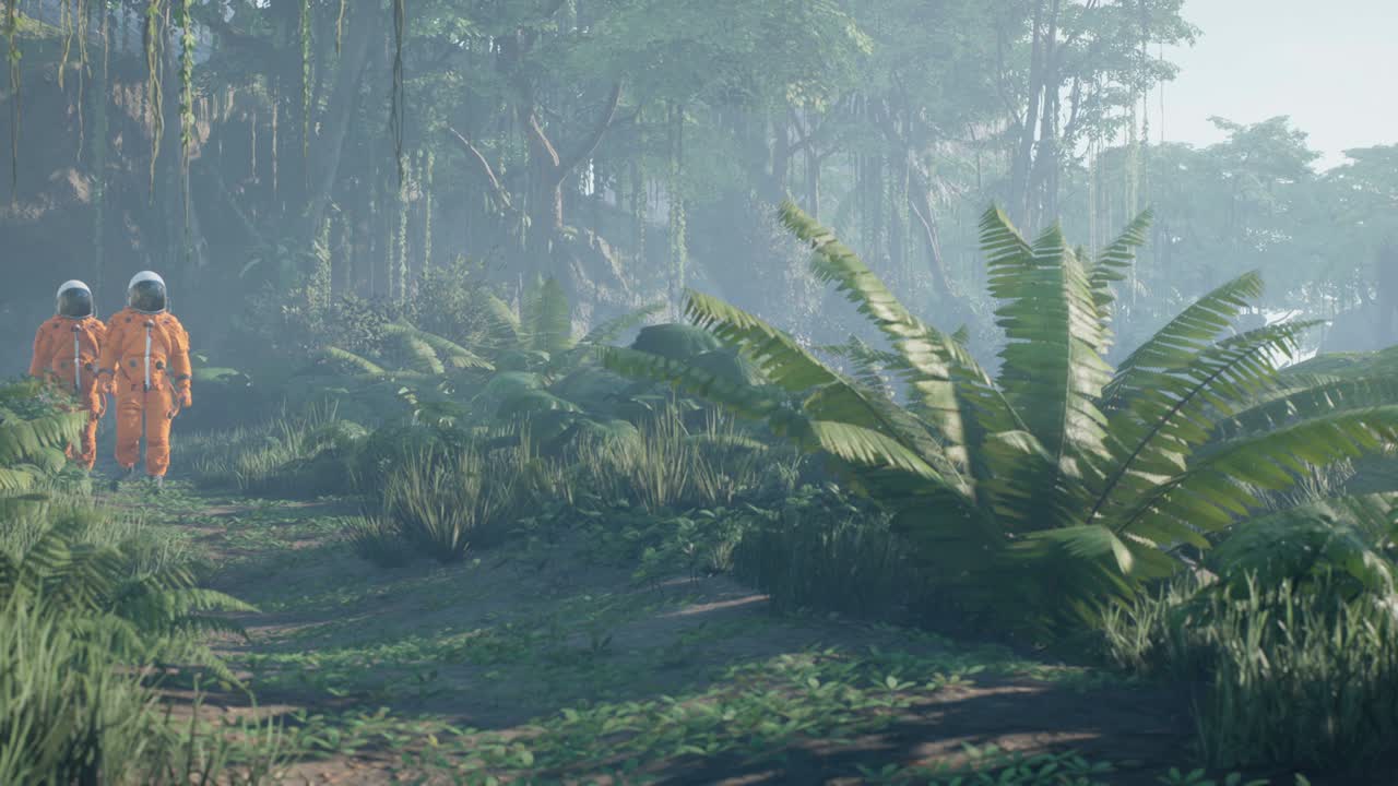 Astronauts explore an unknown blooming green planet. Seamless animation for fantasy, science fiction, or space backgrounds.