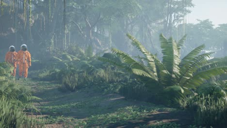 astronauts explore an unknown blooming green planet. seamless animation for fantasy, science fiction, or space backgrounds.