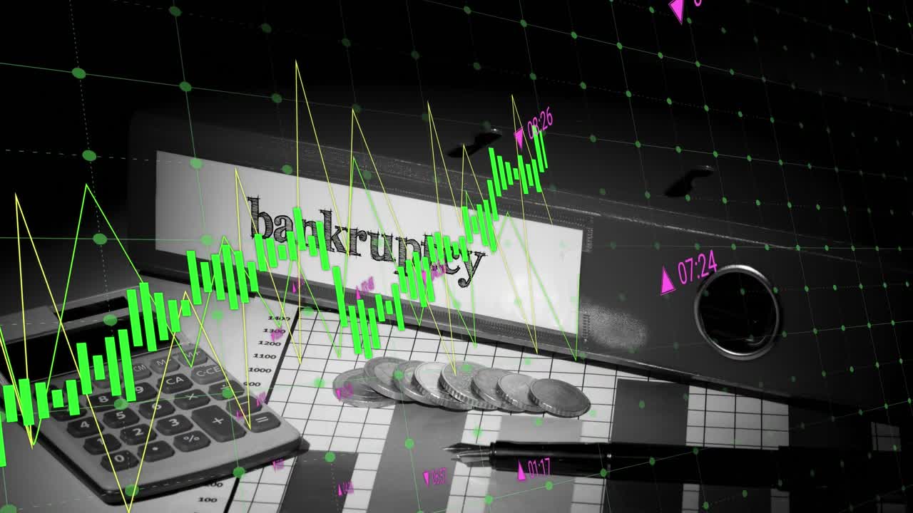 계산기, 파산 파일 및 동전을 통해 금융 데이터 처리의 애니메이션