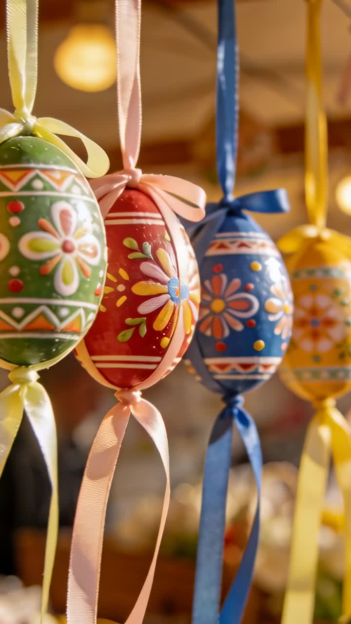 Vertical video: Panning camera shifting right at market stall, revealing painted eggs with ribbons