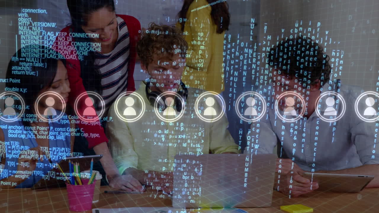 Animation of data processing and icons over diverse business people using laptop and tablets