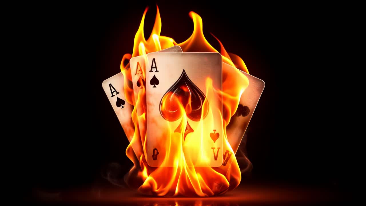Concept di video drammatico con un’inquadratura dal basso verso l’alto di carte da gioco infuocate, che enfatizza un effetto ardente e intenso