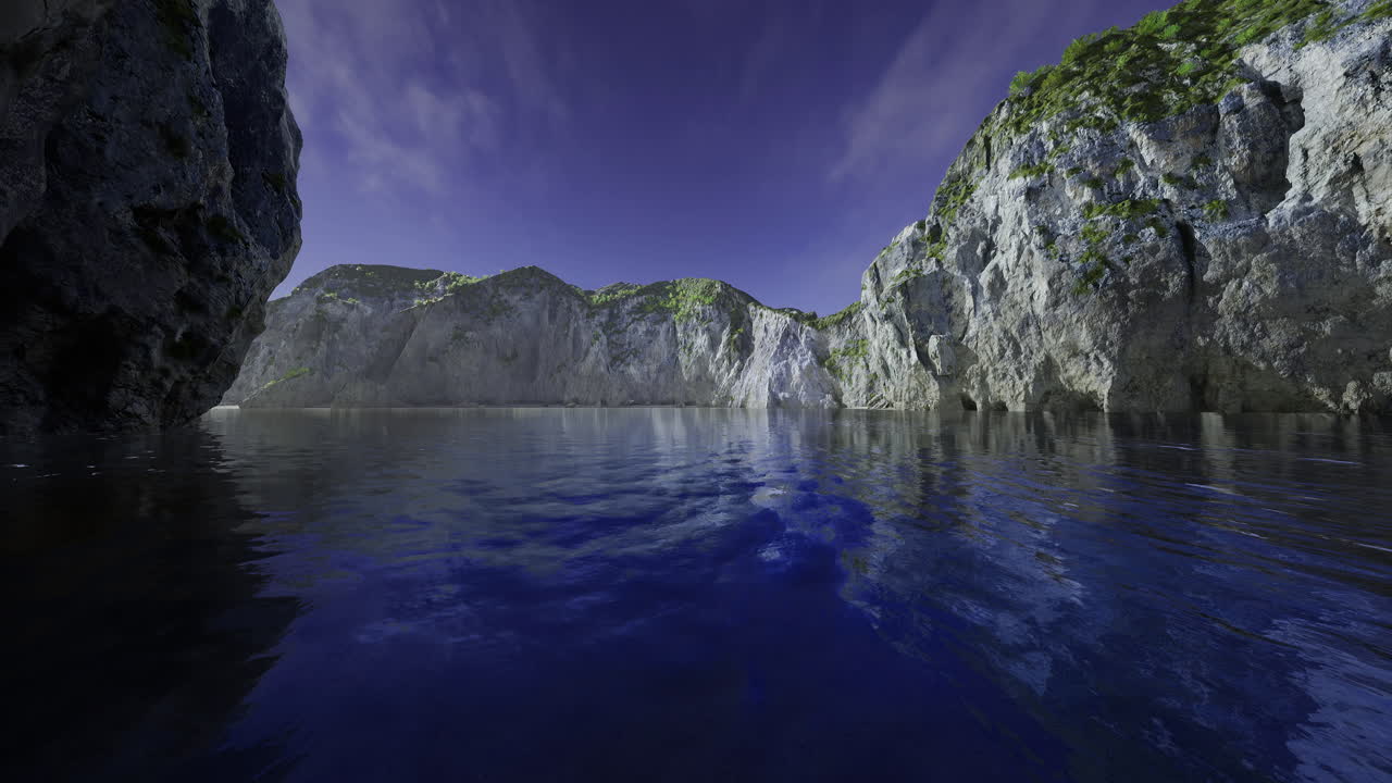 Serene coastal cliffs reflect in tranquil azure waters under a vibrant sky