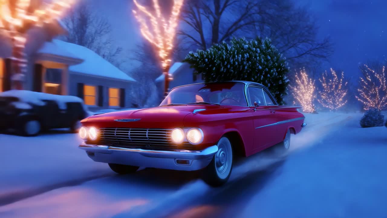 A Classic Red Car with a Christmas Tree on Top Traveling Through a Snowy, Festively Decorated Neighborhood at Night, Capturing the Essence of the Holiday Spirit and Winter Wonder