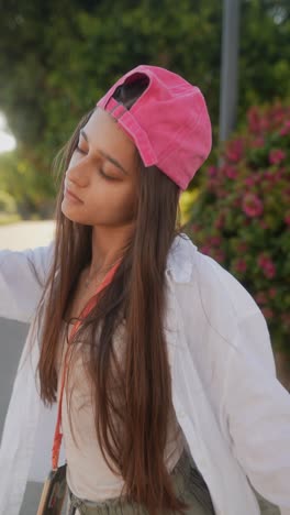 young woman in pink hat