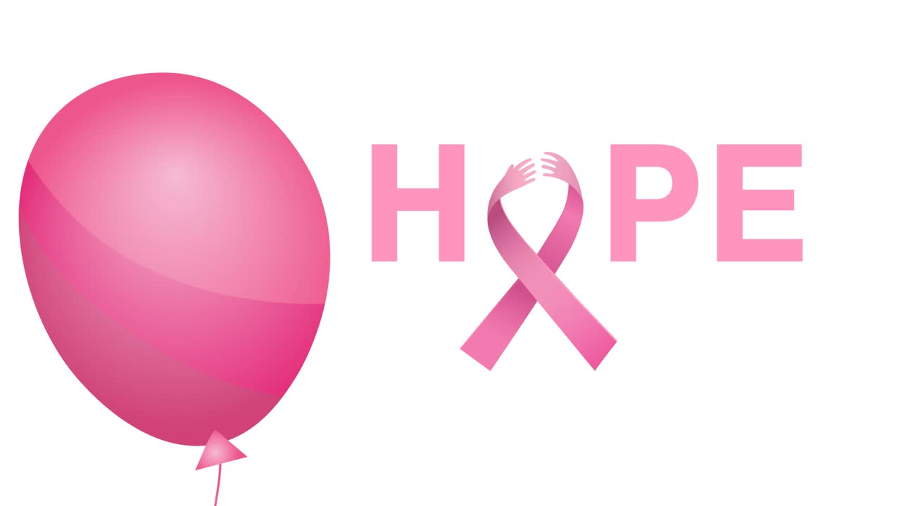 animación de un globo rosado volando sobre el logotipo de la cinta rosada y el texto de esperanza