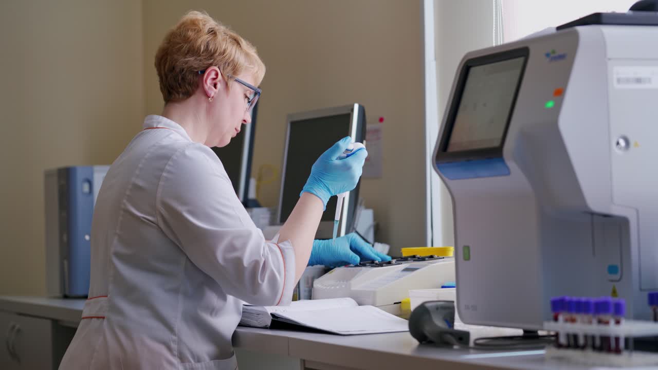 Woman in medical uniform working with blood samples. Modern equipment for testing sample analysis in the laboratory. Medical concept.